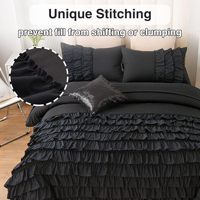 A Nice Night Waterfall Flutter Ruffle Comforter Sets,Ruffled Textured Chic Princess 6pcs Bedding Set,with Bling Shiny Sequin Throw Pillow Case,Black,Twin - LeafyLoom