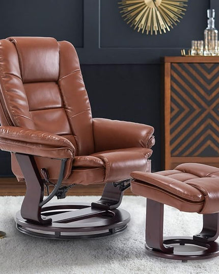 JC Home Swivel Ottoman Bonded Leather Recliner Chair and Foot Rest for Living Room, Home Theater, Man Cave, Bedroom-Round Mahogany Base-Modern, Contemporary Furniture, Extra Large, Tan - LeafyLoom
