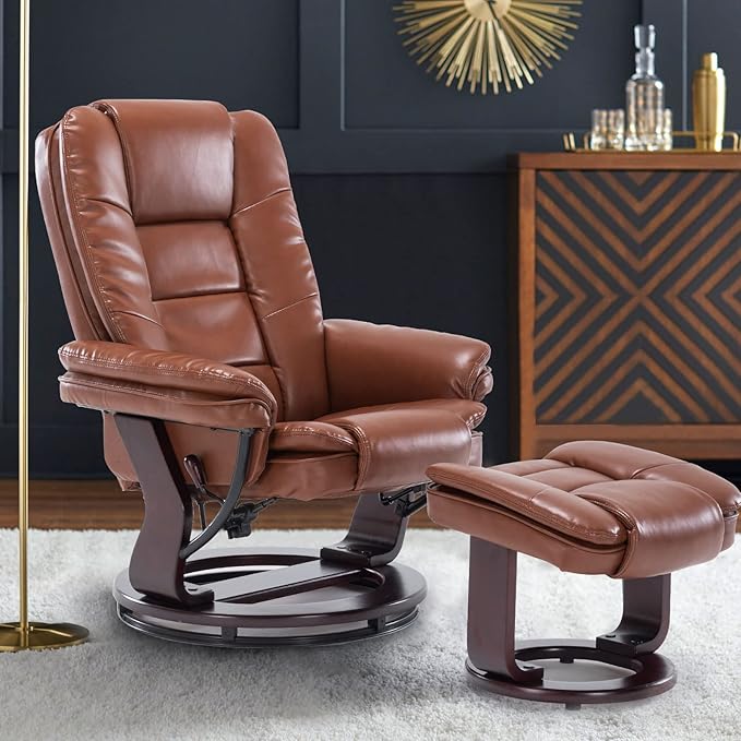 JC Home Swivel Ottoman Bonded Leather Recliner Chair and Foot Rest for Living Room, Home Theater, Man Cave, Bedroom-Round Mahogany Base-Modern, Contemporary Furniture, Extra Large, Tan - LeafyLoom