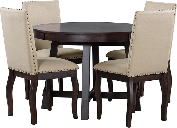 NicBex Round Dining Table Dining Room Set 5-Piece Farmhouse Dining Table Set Wood Round Extendable Dining Table and 4 Upholstered Dining Chairs for Set, Espresso - LeafyLoom