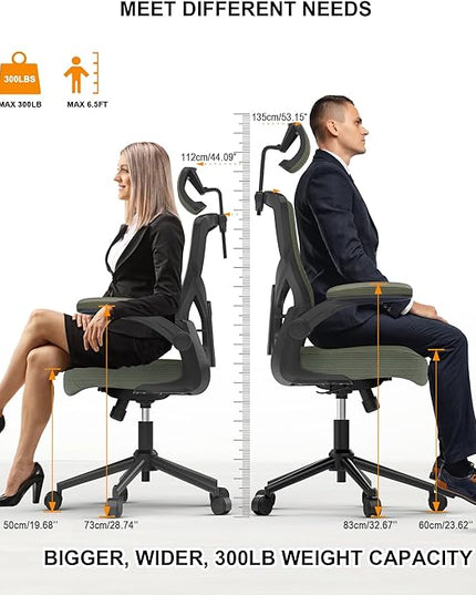 𝑯𝑶𝑴𝑬 𝑶𝑭𝑭𝑰𝑪𝑬 𝑪𝑯𝑨𝑰𝑹, Ergonomic Mesh Desk Chair, High Back Computer Chair- Adjustable Headrest with Flip-Up Arms, Lumbar Support, Swivel Executive Task Chair (Hunter Green, Modern) - LeafyLoom
