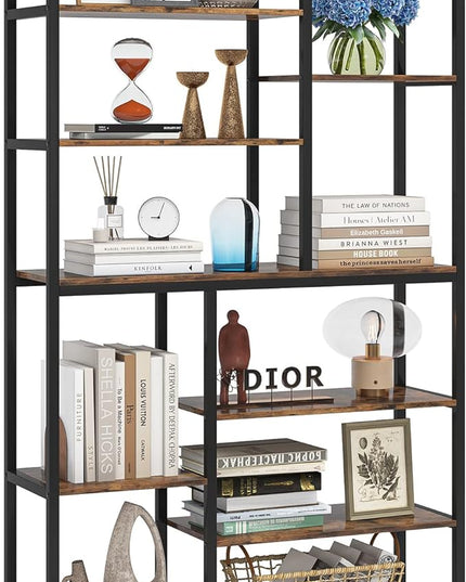 Modern 8-Tier Staggered Bookcase - 79 Inches Tall, Wide Wood Etagere Shelving Unit - LeafyLoom