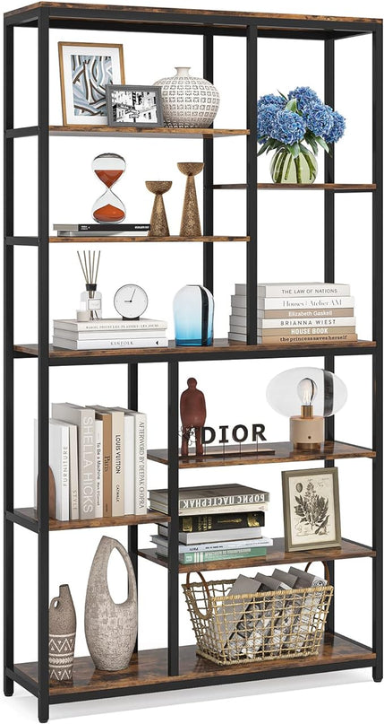 Modern 8-Tier Staggered Bookcase - 79 Inches Tall, Wide Wood Etagere Shelving Unit - LeafyLoom