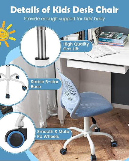 Kids Desk Chair, Blue Ergonomic Kids Office Chair Ages8-12 w/Lumbar Support, Low-Back Teen Desk Chair for Girls Boys, Small Cute Kids Computer Chair for Bedroom/Study/Vanity Desk - LeafyLoom
