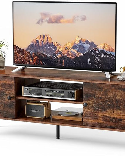 Sweetcrispy TV Stand for 55 60 inch Television, Entertainment Center with Storage, 2 Cabinet Media Console Table, Soft Hinge Door with Handle, Wood Feet, Living Room, Bedroom Furniture, Rustic Brown - LeafyLoom