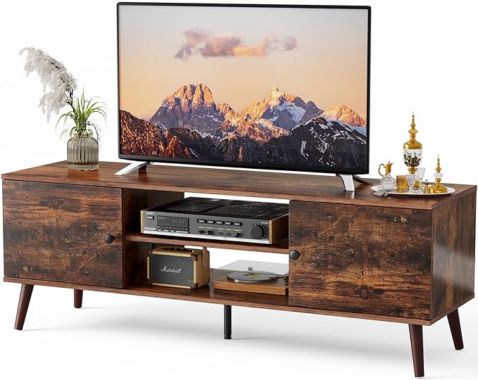 Sweetcrispy TV Stand for 55 60 inch Television, Entertainment Center with Storage, 2 Cabinet Media Console Table, Soft Hinge Door with Handle, Wood Feet, Living Room, Bedroom Furniture, Rustic Brown - LeafyLoom