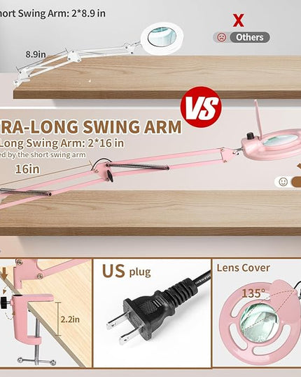 HITTI 2200 Lumens 10X Magnifying Glass with Light and Stand, 24W Super Bright Esthetician Light Magnifier, Stepless Dimmable Hands Free Magnfiying Lamp for Workbench Craft Painting Nail Hobby - Pink - LeafyLoom