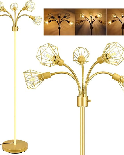 Gold Floor Lamp,Industrial Floor Lamps for Living Room,Tree Standing Lamp Bright with 5 Charm Diamond Head 2000 Lumens LED Bulbs,3 Way Switch,Modern Stand up Lamp for Bedroom Office Farmhouse - LeafyLoom