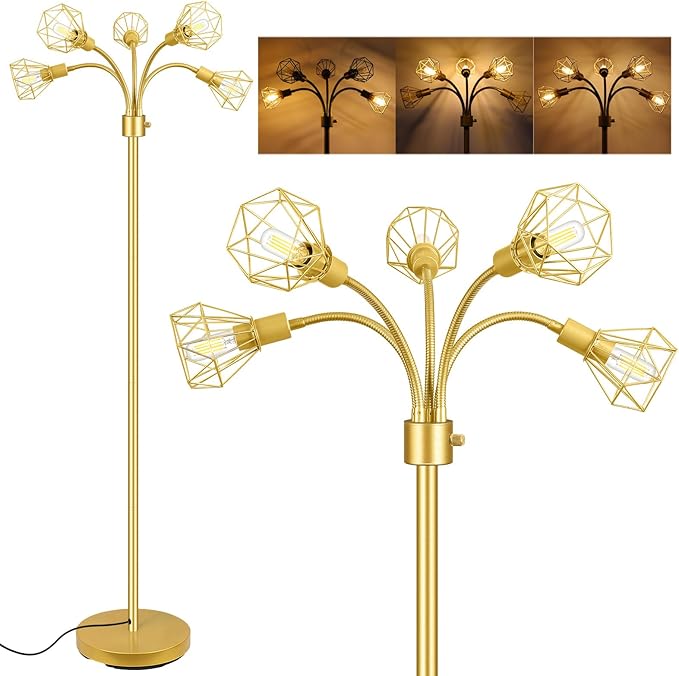 Gold Floor Lamp,Industrial Floor Lamps for Living Room,Tree Standing Lamp Bright with 5 Charm Diamond Head 2000 Lumens LED Bulbs,3 Way Switch,Modern Stand up Lamp for Bedroom Office Farmhouse - LeafyLoom
