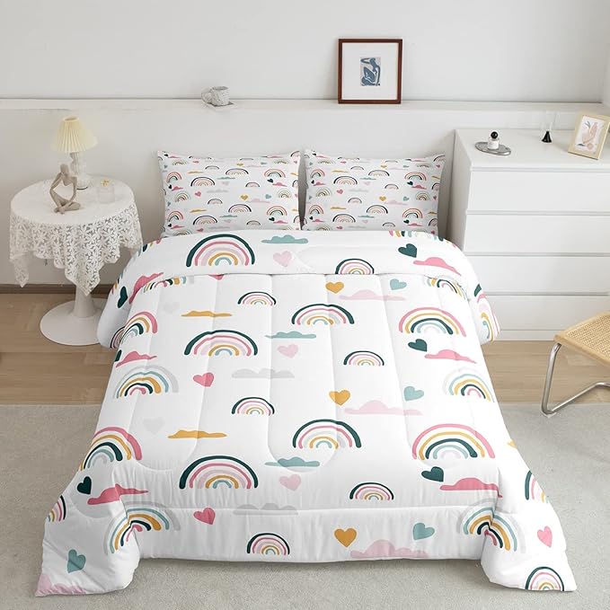 Erosebridal Kids Rainbow Bedding Set, Girly Love Heart Comforter Set Twin Size Cartoon Rainbow Cloud Duvet Sets for Girls Boys Women Bedroom Decor, Soft Microfiber Down Comforter 2 Pieces,Colorful - LeafyLoom