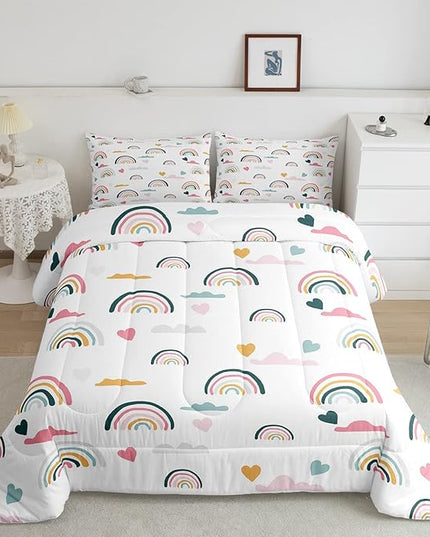 Erosebridal Kids Rainbow Bedding Set, Girly Love Heart Comforter Set Queen Size Cartoon Rainbow Cloud Duvet Sets for Girls Boys Women Bedroom Decor, Soft Microfiber Down Comforter 3 Pieces,Colorful - LeafyLoom