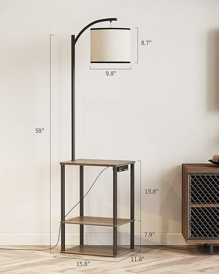 SUNMORY Floor Lamp with Table, Lamps for Living Room with Charging Station(USB & AC Port), Rustic End Table Lamp with Shelves & 3-Color Temperature LED Bulb, Lamp Table for Living Room, Rubber wood - LeafyLoom