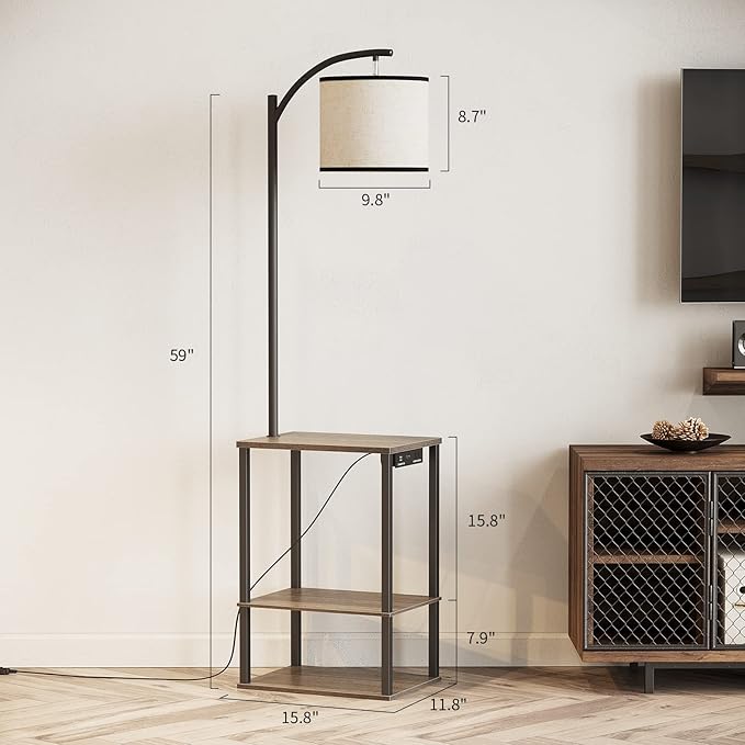 SUNMORY Floor Lamp with Table, Lamps for Living Room with Charging Station(USB & AC Port), Rustic End Table Lamp with Shelves & 3-Color Temperature LED Bulb, Lamp Table for Living Room, Rubber wood - LeafyLoom