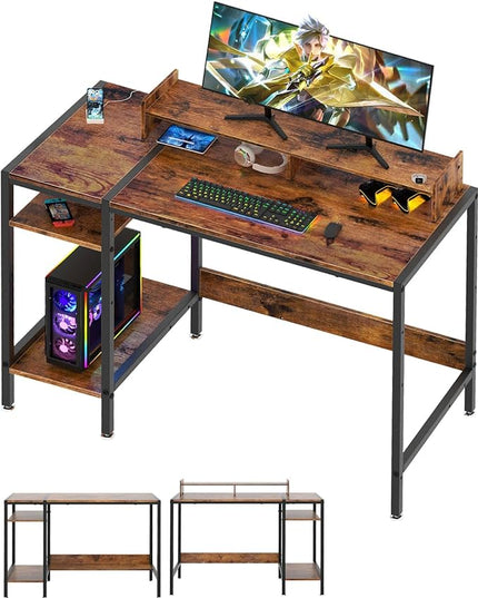 Computer Desk - 39” Gaming Desk, Home Office Desk with Storage, Small Desk with Monitor Stand, Rustic Writing Desk for 2 Monitors, Adjustable Storage Space, Modern Design Corner Table. - LeafyLoom