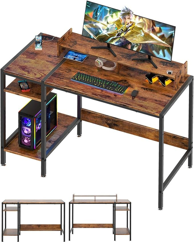 Computer Desk - 39” Gaming Desk, Home Office Desk with Storage, Small Desk with Monitor Stand, Rustic Writing Desk for 2 Monitors, Adjustable Storage Space, Modern Design Corner Table. - LeafyLoom