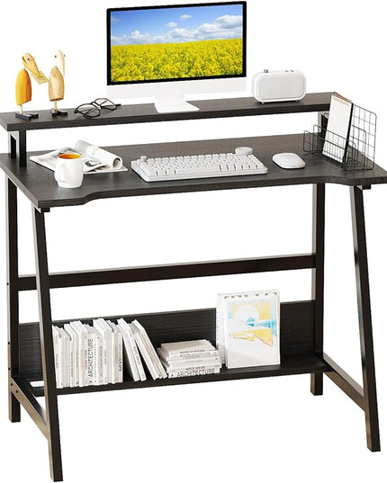 Computer Home Office Desk, 31.5" Desk for Small Spaces with Storage Shelf,Small Computer Desk with Monitor and Bookshelf, Modern Simple Style Laptop Desk - LeafyLoom
