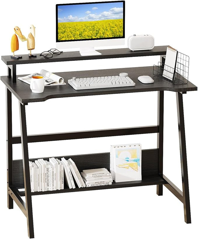 Computer Home Office Desk, 31.5" Desk for Small Spaces with Storage Shelf,Small Computer Desk with Monitor and Bookshelf, Modern Simple Style Laptop Desk - LeafyLoom
