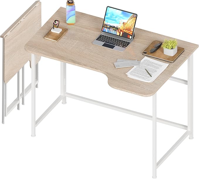 4NM 35.4" Small L Shaped Desk, Folding Computer Desk Home Office Desk, Foldable Bed Desk for Laptop for Small Space Offices - Natural and White - LeafyLoom