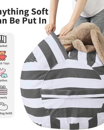 2 PCS Stuffed Animal Storage Bean Bag Chair Cover, Cotton Canvas Beanbag with Zipper for Organizing Kid's and Adults Room Vertical Stripe Grey 24" - LeafyLoom