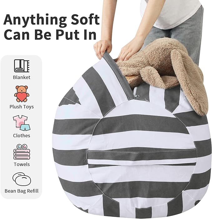 2 PCS Stuffed Animal Storage Bean Bag Chair Cover, Cotton Canvas Beanbag with Zipper for Organizing Kid's and Adults Room Vertical Stripe Grey 24" - LeafyLoom
