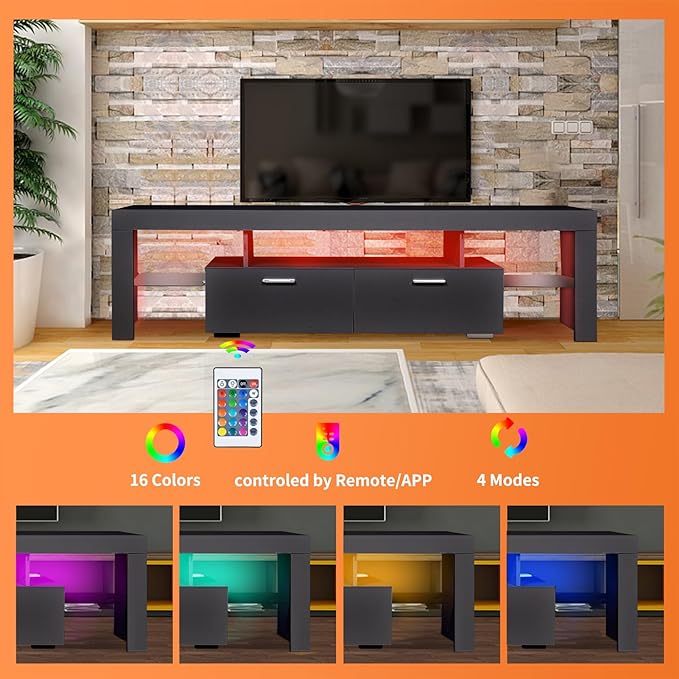 LED TV Stand for Televisions up to 65 inches, Entertainment Center and Media Console with Storage Drawers and Glass Shelves for Living Room, Bedroom - LeafyLoom
