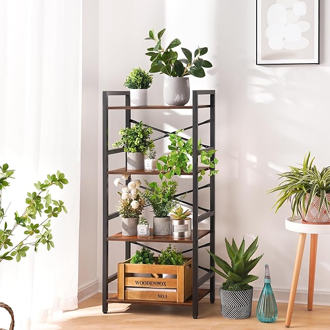 Yoobure 4 Tier Bookshelf - Small Book Shelf Industrial Bookcase, Narrow Book Case Book Storage Organizer for CD/Movie/Book, Bookshelves for Bedroom Office Living Room Berry Brown - LeafyLoom