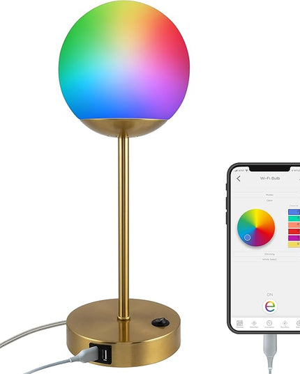 Enbrighten Bedside Decor Lamp Tabletop Wi-FI Dimmable Color Changing Music-Sync 2-Port USB-charging Station 2.4A Dorm Bedroom Home Office Living Room Compatible with Alexa 62433 Brass - LeafyLoom