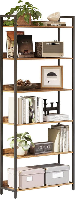 6-Tier Bookshelf, Large Bookcase with Open Shelves, Tall Book Shelf Coner Shelf for Living Room, Bedroom, Home Office, Study, Bathroom,11.5 x 29.9 x 72.6 Inches, Rustic Brown and Black - LeafyLoom