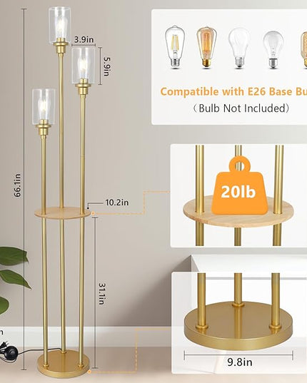 HMVPL Floor Lamps for Living Room, Gold Floor Lamp with Shelves, 3-Lights Modern Brass Standing Lamp with Glass Shades, On/Off Foot Switch, Mid Century Tall Lamp for Bedroom Corner Office(66") - LeafyLoom