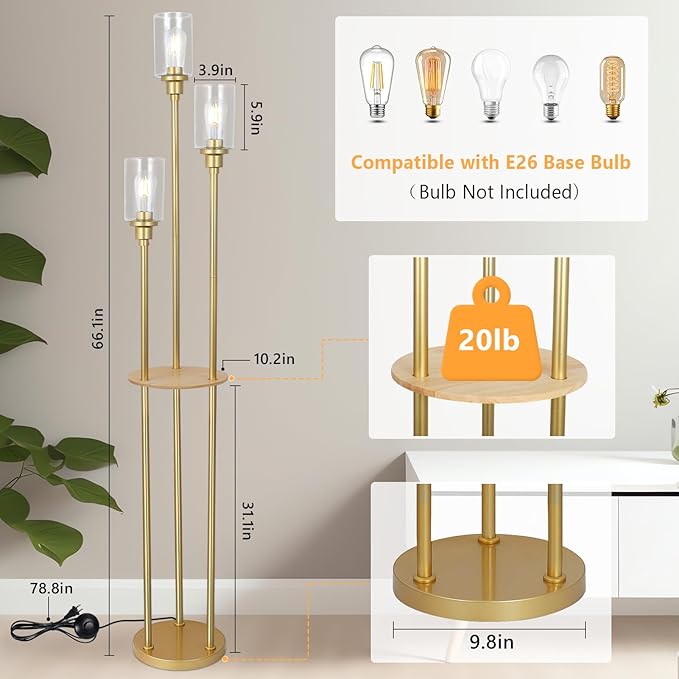 HMVPL Floor Lamps for Living Room, Gold Floor Lamp with Shelves, 3-Lights Modern Brass Standing Lamp with Glass Shades, On/Off Foot Switch, Mid Century Tall Lamp for Bedroom Corner Office(66") - LeafyLoom