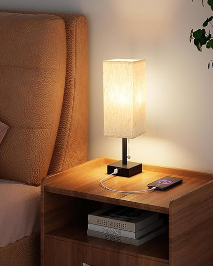 Pull Chain Small Table Lamp for Bedroom with USB Ports, 3 Color Temperature Bedside Lamp for Kid's Room Office - LeafyLoom