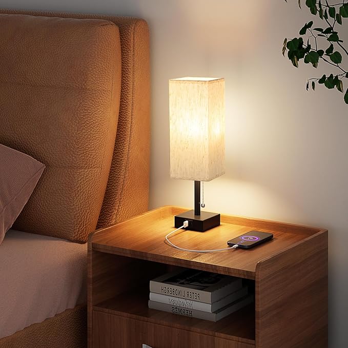 Pull Chain Small Table Lamp for Bedroom with USB Ports, 3 Color Temperature Bedside Lamp for Kid's Room Office - LeafyLoom