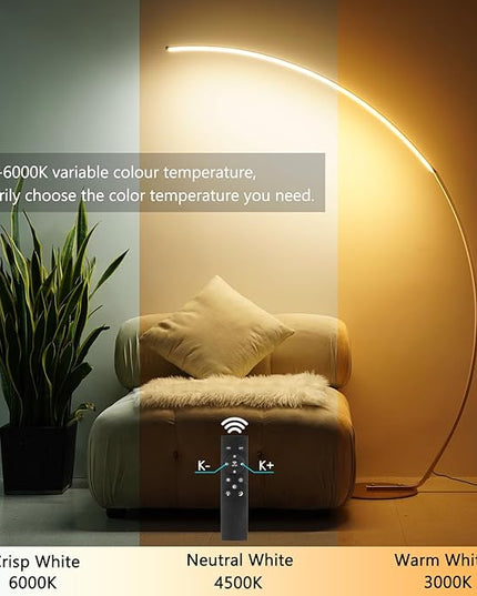 NUÜR Arc Floor Lamp, 67" Tall Gold LED Modern Standing Floor Lamp with Remote Control, Arched Bright Floor Lamps for Living Room Bedroom Office Home - LeafyLoom