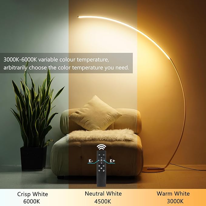 NUÜR Arc Floor Lamp, 67" Tall Gold LED Modern Standing Floor Lamp with Remote Control, Arched Bright Floor Lamps for Living Room Bedroom Office Home - LeafyLoom