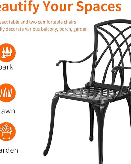 Outdoor 3 Piece Bistro Set Cast Aluminum Bistro Table and Chairs Set of 2, All Weather Bistro Patio Set, Patio Furniture for Garden Black - LeafyLoom