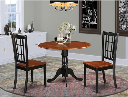 East West Furniture DLNI3-BCH-W 3 Piece Set Contains a Round Dining Room Table with Dropleaf and 2 Kitchen Chairs, 42x42 Inch - LeafyLoom
