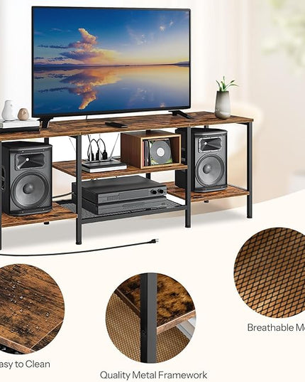 HOOBRO TV Stand with Power Outlets to 65 Inches, TV Console Table with Open Storage Shelves, Industrial Media Entertainment Center for Living Room Bedroom, Rustic Brown and Black BF40DS01 - LeafyLoom