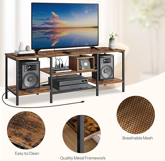 HOOBRO TV Stand with Power Outlets to 65 Inches, TV Console Table with Open Storage Shelves, Industrial Media Entertainment Center for Living Room Bedroom, Rustic Brown and Black BF40DS01 - LeafyLoom