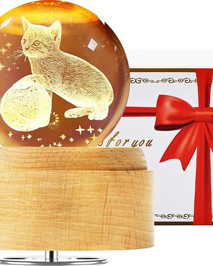 Best Mothers Day Gifts for Mom Women Wife Girlfriend Grandma, 3D Cat No.2 Crystal Ball Music Box with LED Night Lamp, Unique Mom Gifts for Birthday Graduation Christmas Valentine's Day Anniversary - LeafyLoom