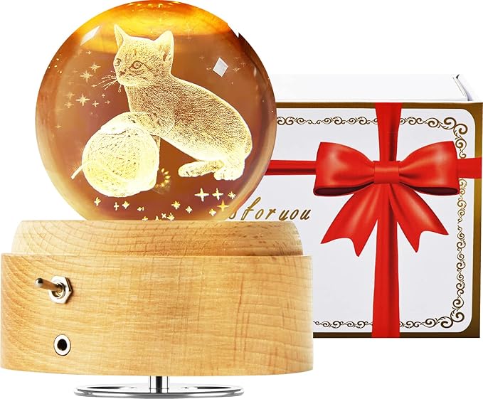 Best Mothers Day Gifts for Mom Women Wife Girlfriend Grandma, 3D Cat No.2 Crystal Ball Music Box with LED Night Lamp, Unique Mom Gifts for Birthday Graduation Christmas Valentine's Day Anniversary - LeafyLoom
