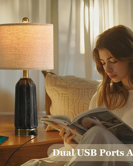 20.25" - Modern Ceramic Bedside Lamp with USB C+A Charging Ports, Table Lamp for Living Room, Bedroom, Nightstand Lamp, Farmhouse Table Lamp (Black)-Single - LeafyLoom