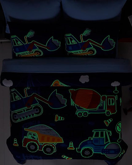Truck Tractor Excavator Full Size Comforter Sets - Bedding Sets Full 7 Pieces for Boys, Glow in The Dark Bed in A Bag Full Size for Kids, Teens - LeafyLoom
