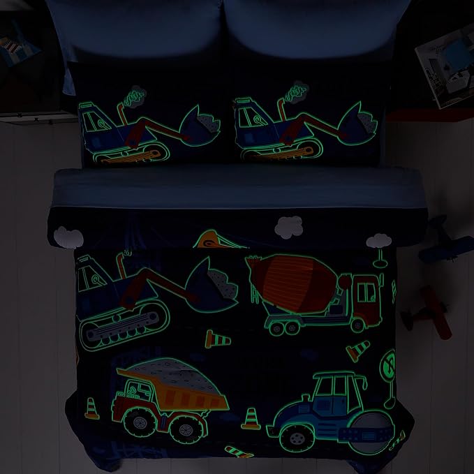 Truck Tractor Excavator Full Size Comforter Sets - Bedding Sets Full 7 Pieces for Boys, Glow in The Dark Bed in A Bag Full Size for Kids, Teens - LeafyLoom
