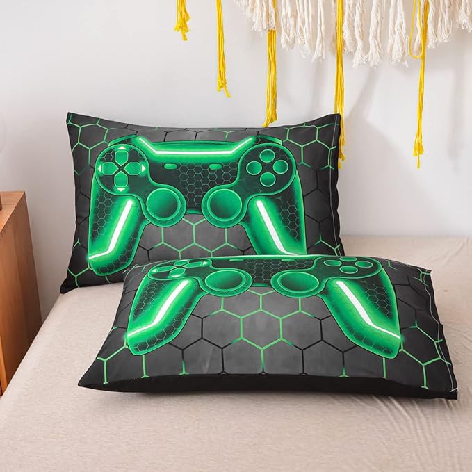 NTBED Game Console Comforter Set for Boys Girls Kids Geometric Lightweight Microfiber Bedding Sets (Green, Queen) - LeafyLoom