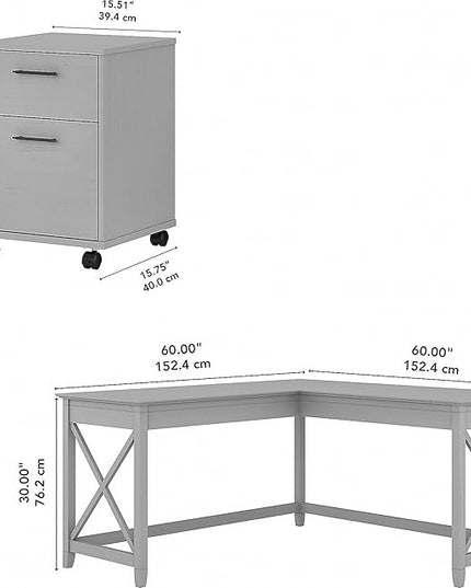 Bush Furniture Key West 60W L Shaped Desk with 2 Drawer Mobile File Cabinet in Cape Cod Gray - LeafyLoom