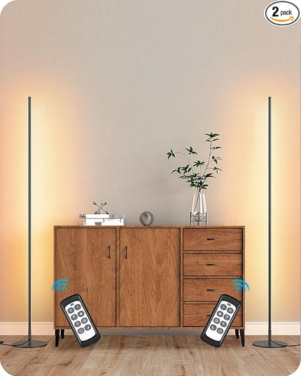 EDISHINE Minimalist LED Corner Floor Lamp with Remote, Set of 2 Modern Dimmable Mood Light, 57.5" Standing Tall Lamp for Living Room, Bedroome, 7 Color Temperature 2700-6000K (Black) - LeafyLoom