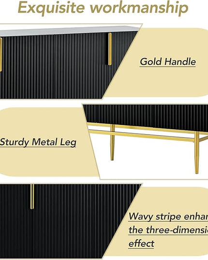 60" Modern 4-Door Elegant Sideboard with Gold Metal Handles and Legs,Storage Buffet Cabinet,W/Adjustable Shelves & Open Countertop,Console Table for Dining Living Room Hallway,Black - LeafyLoom