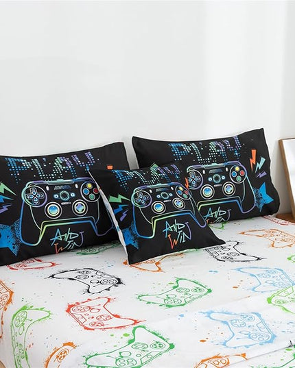 Meeting Story Gamer Gaming Bedding Sets Fluorescence Gamepad Comforter Set for Boys Games Console Action Buttons Novelty Colorful Modern Room Decor Home Quilt Set (Black, Twin6pcs) - LeafyLoom