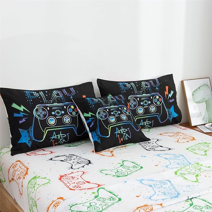 Meeting Story Gamer Gaming Bedding Sets Fluorescence Gamepad Comforter Set for Boys Games Console Action Buttons Novelty Colorful Modern Room Decor Home Quilt Set (Black, Twin6pcs) - LeafyLoom