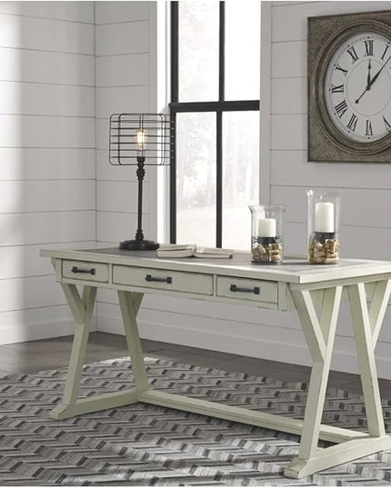 Signature Design by Ashley Jonileene Farmhouse Home Office Desk with Drawers, White & Gray - LeafyLoom